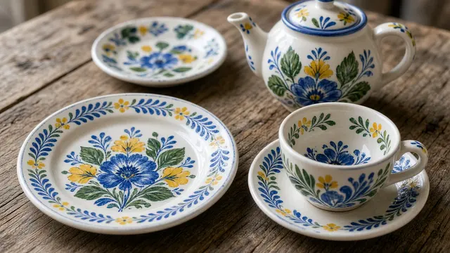 Vajilla blanca pintada a mano con flores azules y amarillas (imagen ilustrativa)